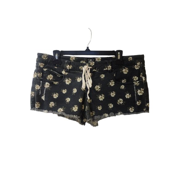 DaKine Hawaii Floral Lace Tie Up Jean Shorts Size 11 Navy Blue Low Rise Raw Hem - Picture 1 of 8